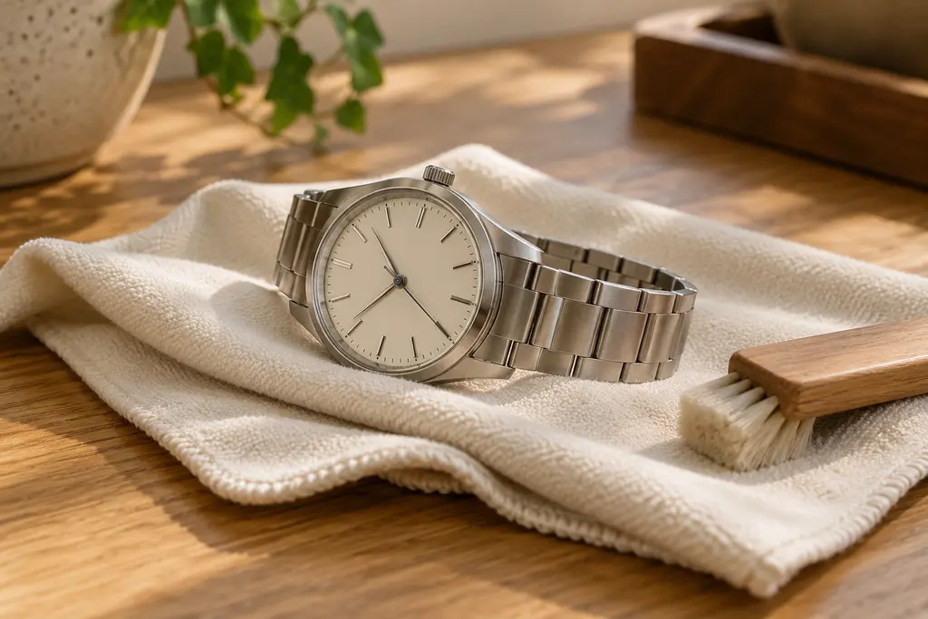 Unbeschriftete Armbanduhr auf einem hellen Reinigungstuch neben einer weichen Bürste