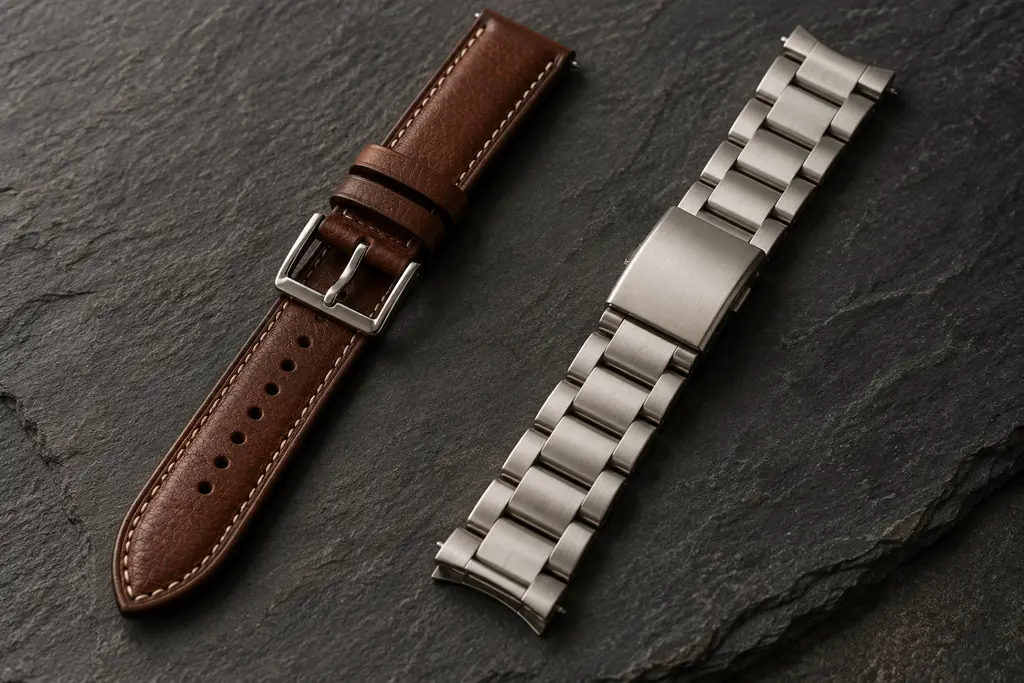Braunes Lederarmband und Stahlgliederband nebeneinander auf dunklem Stein
